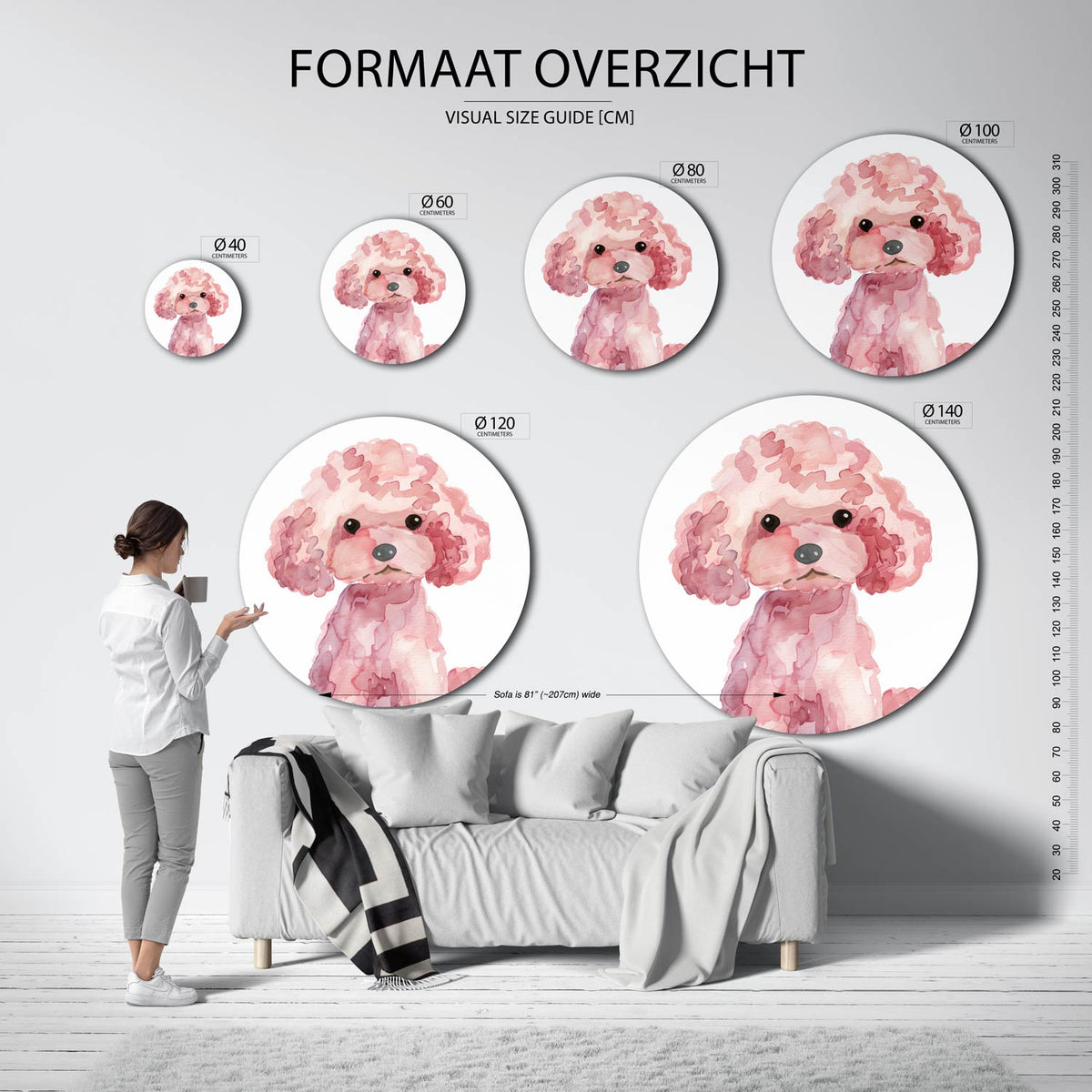 Roze poedel Muurcirkel – extra productweergave – Een poedel in verschillende tinten roze en rood.