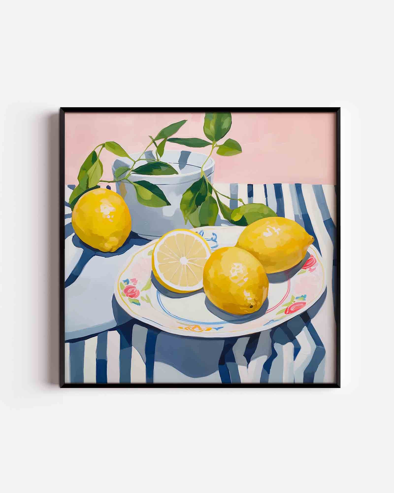 Citroenen op gestreept tafelkleed Poster