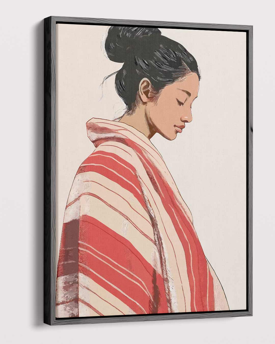 Vrouw in Rood-Wit Geblokte Kimono Kunstwerk-canvas-dibond-plexiglas-wanddecoratie-WallArtistic
