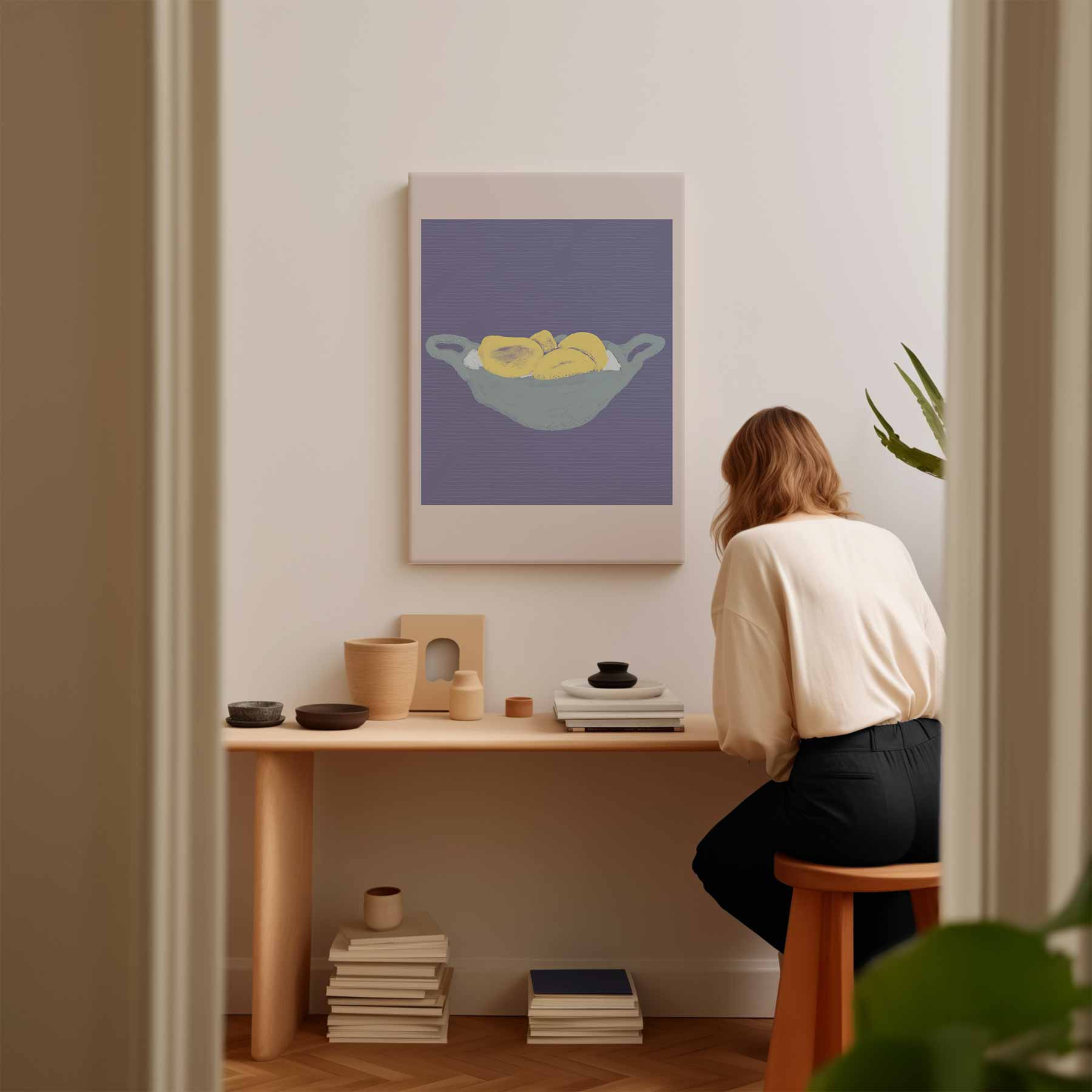 Zonnige Bananen in Blauwe Schaal Kunstwerk-canvas-dibond-plexiglas-wanddecoratie-WallArtistic