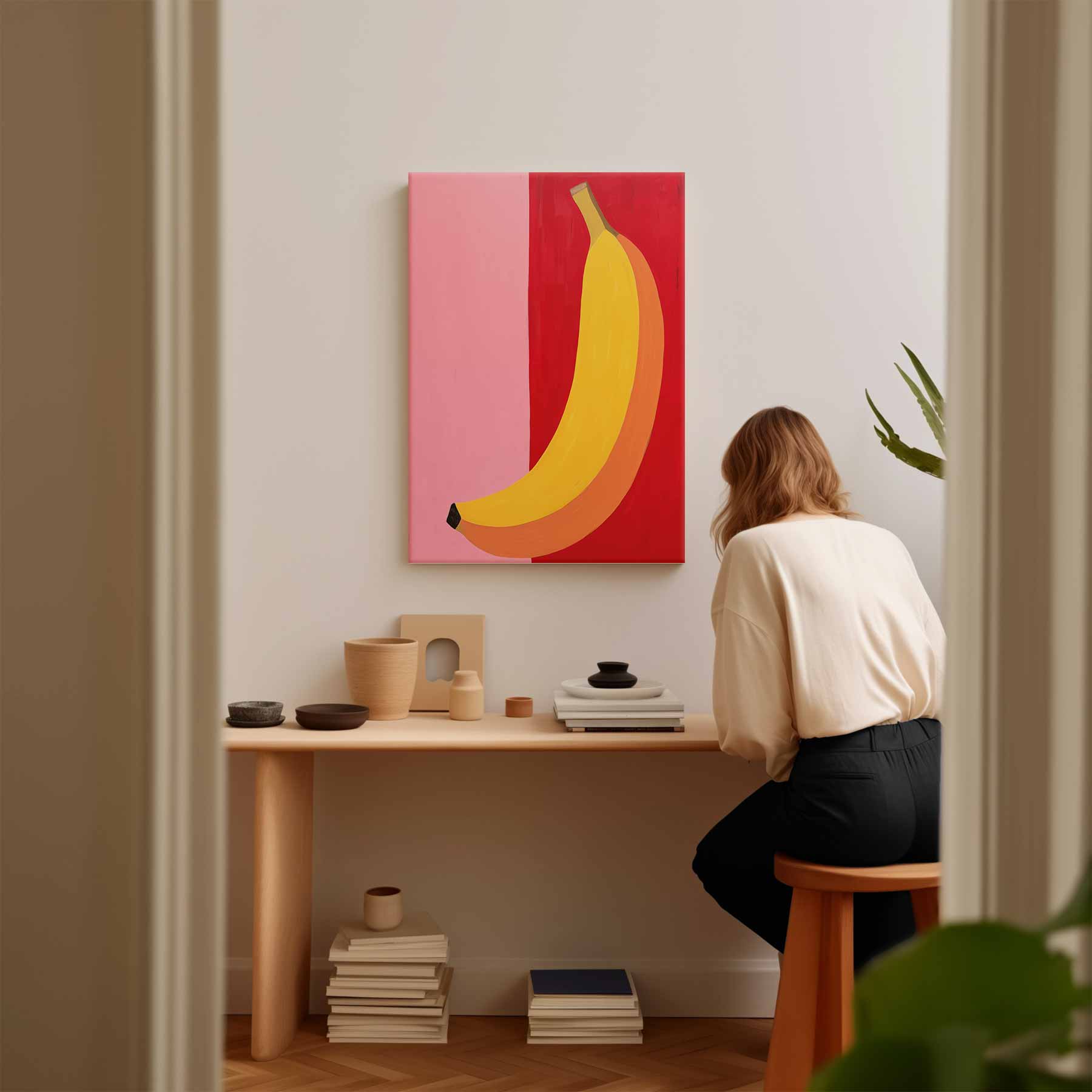 Kleurrijke Banaan op Roze en Rood Kunstwerk-canvas-dibond-plexiglas-wanddecoratie-WallArtistic