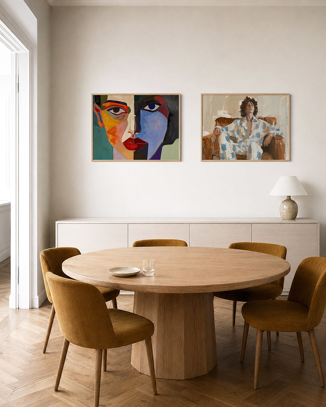 Tweedelige posterset met een gezicht verdeeld in twee helften met contrasterende kleuren, getoond in een interieur