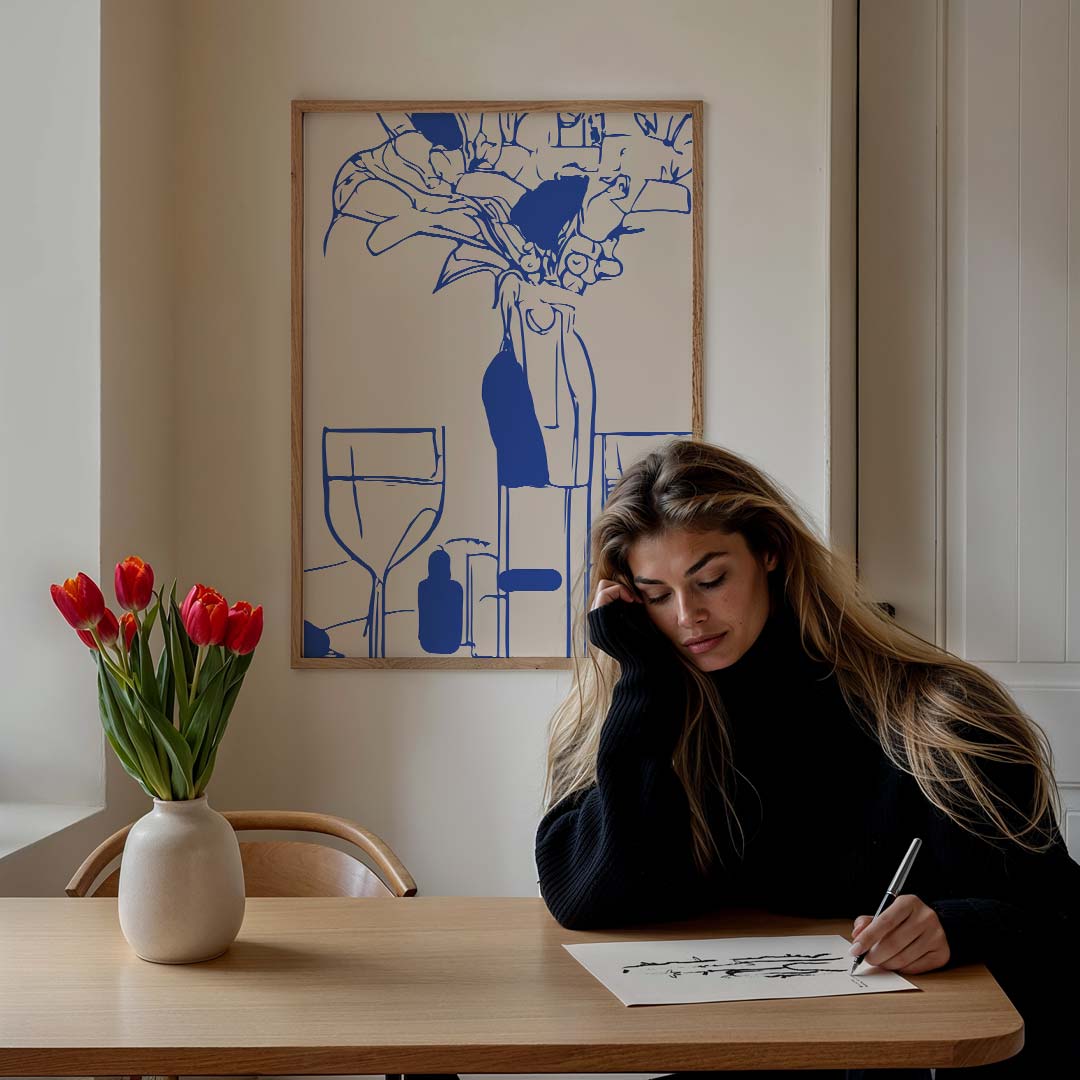 Moderne Bloemen en Wijn Illustratie Poster-WallArtistic