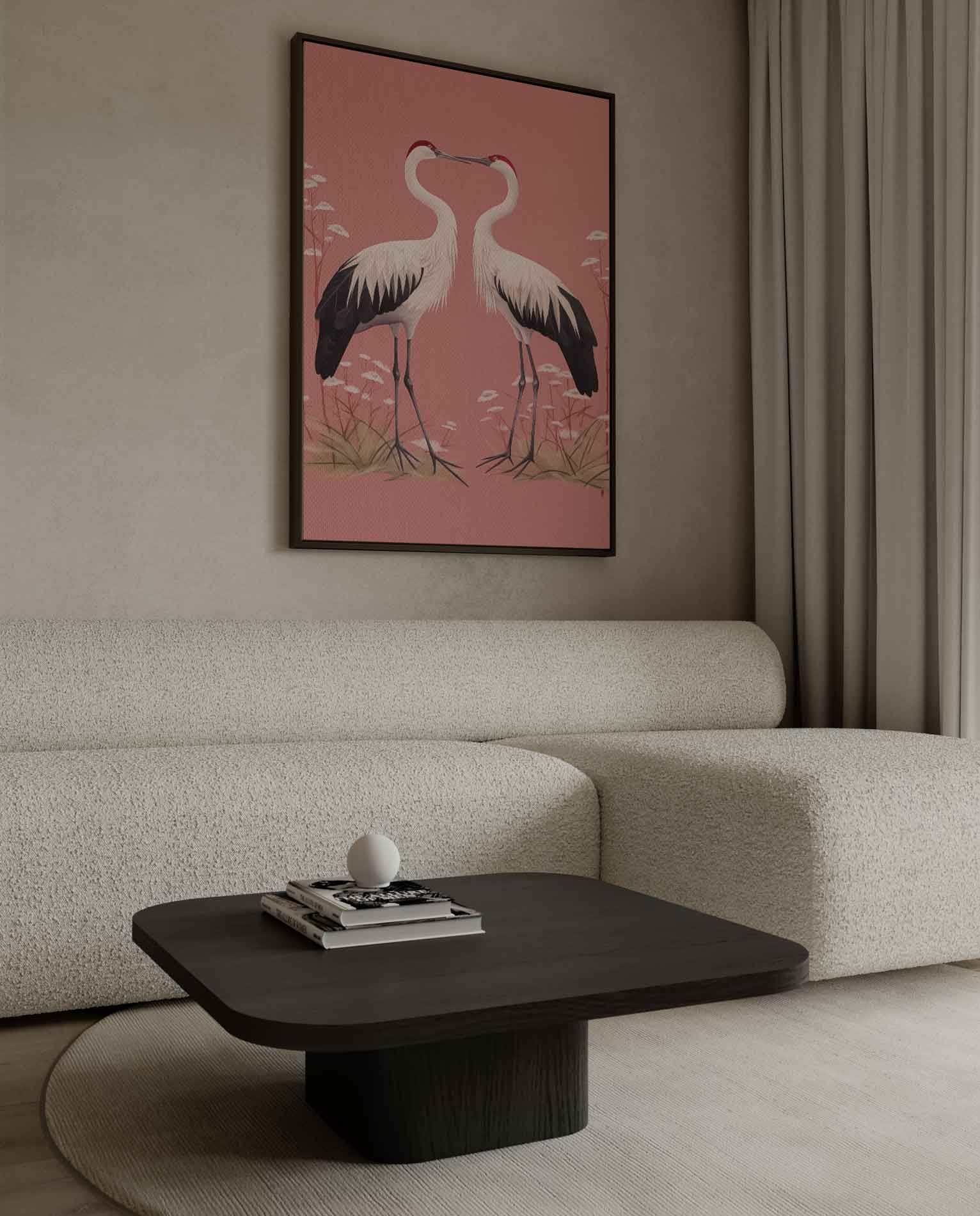 Romantische Kraanvogels op Rosa Achtergrond Kunstwerk-canvas-dibond-plexiglas-wanddecoratie-WallArtistic