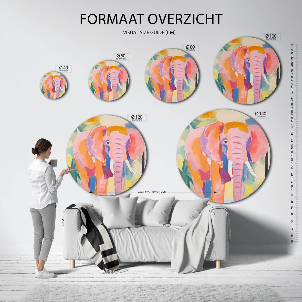 Roze olifant Muurcirkel – extra productweergave – Een olifant in roze en oranje tinten met groene bladeren op de achtergrond.