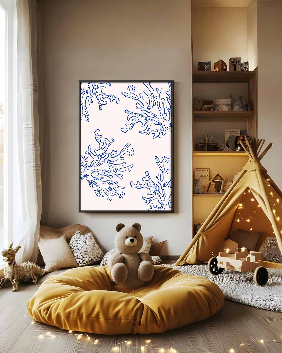 Abstracte Blauwe Koraalpatroon Kunstwerk-canvas-dibond-plexiglas-wanddecoratie-WallArtistic