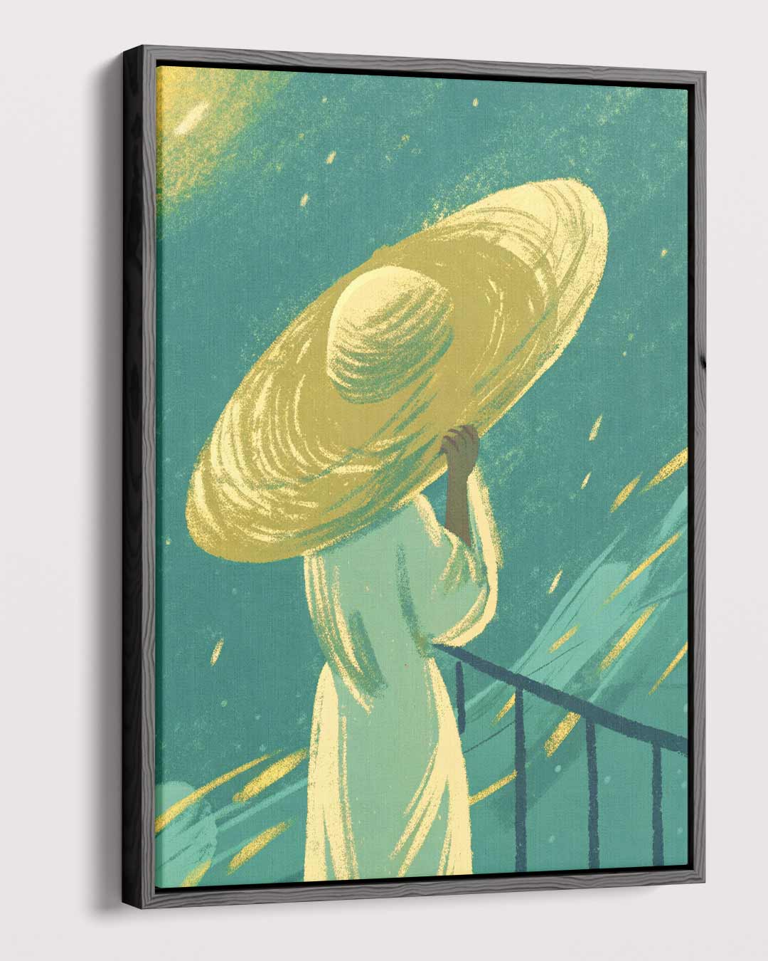 Vrouw met Gele Hoed in de Wind Kunstwerk-canvas-dibond-plexiglas-wanddecoratie-WallArtistic