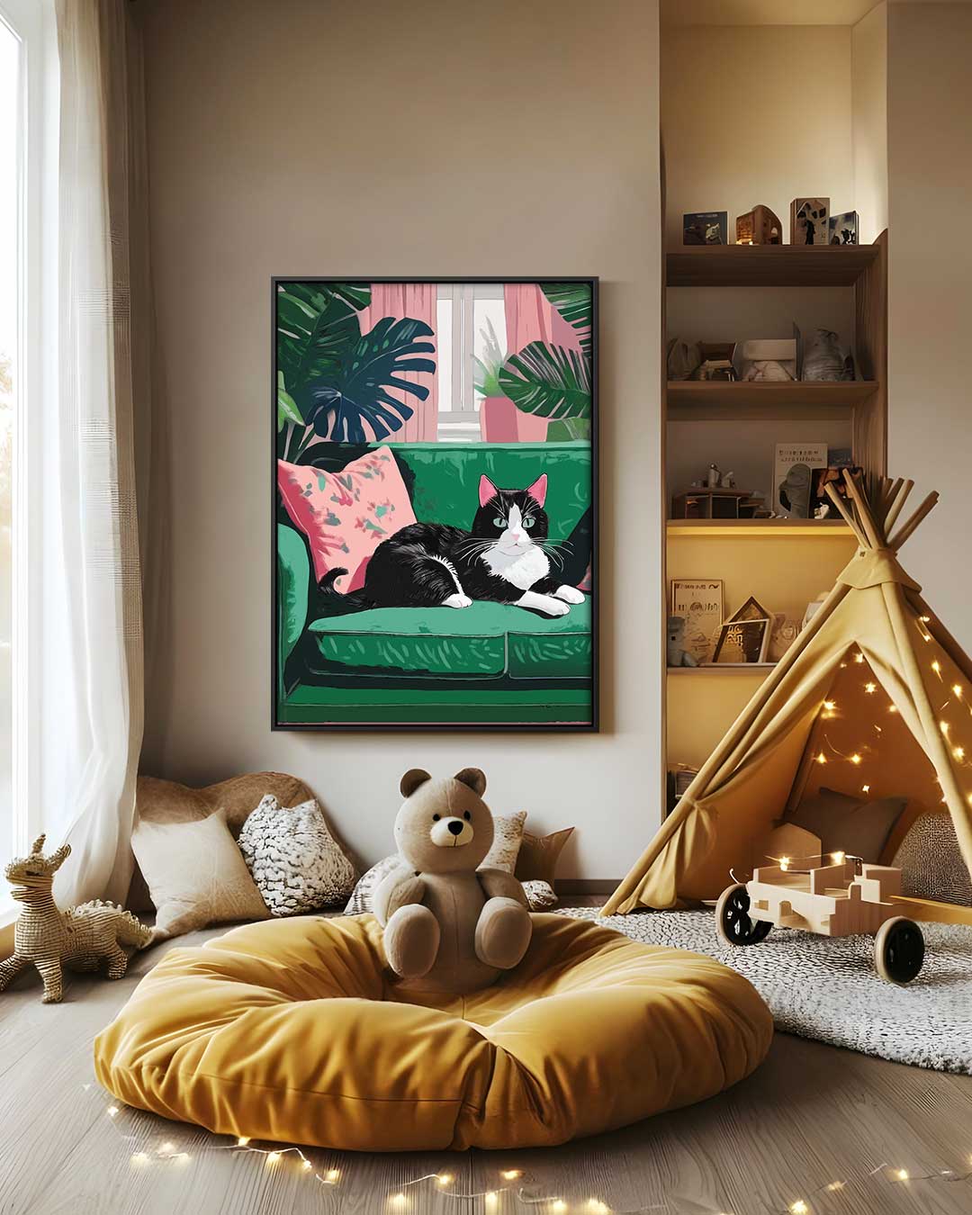 Gezellige Kat op Groene Bank Kunstwerk-canvas-dibond-plexiglas-wanddecoratie-WallArtistic