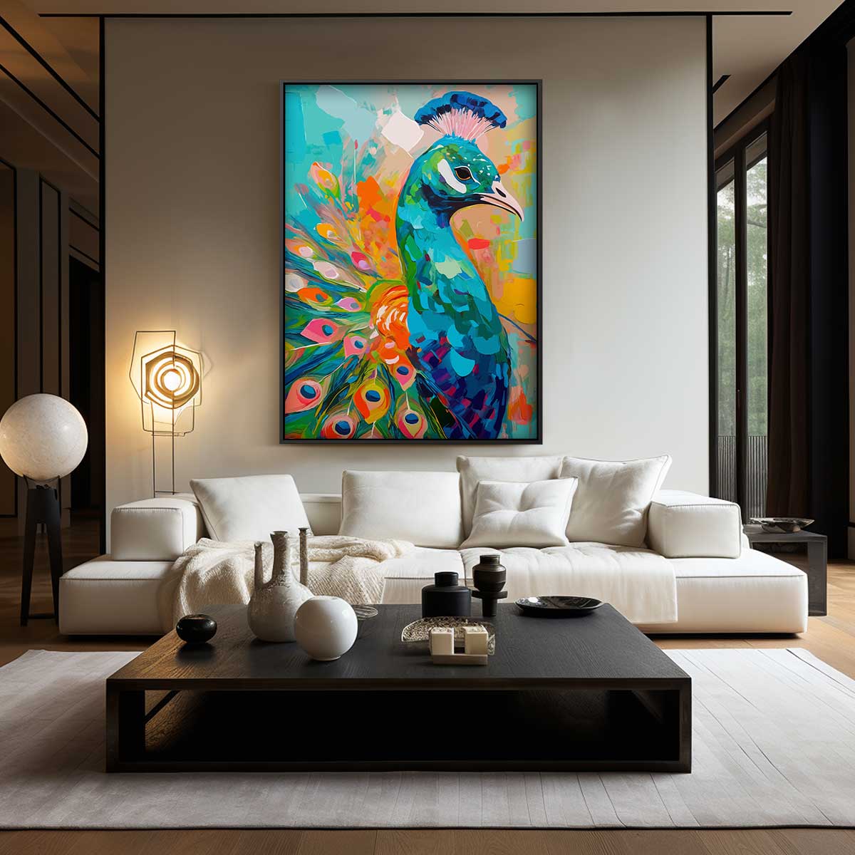 Kleurrijke Pauw Schilderij Kunstwerk-canvas-dibond-plexiglas-wanddecoratie-WallArtistic