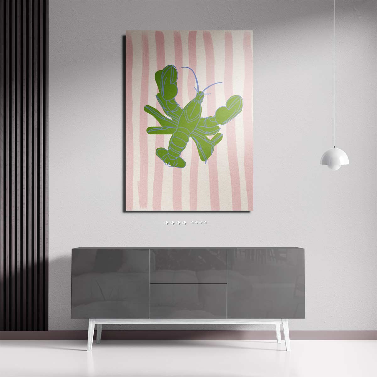 Groene Kreeft op Strepen Kunstwerk-canvas-dibond-plexiglas-wanddecoratie-WallArtistic