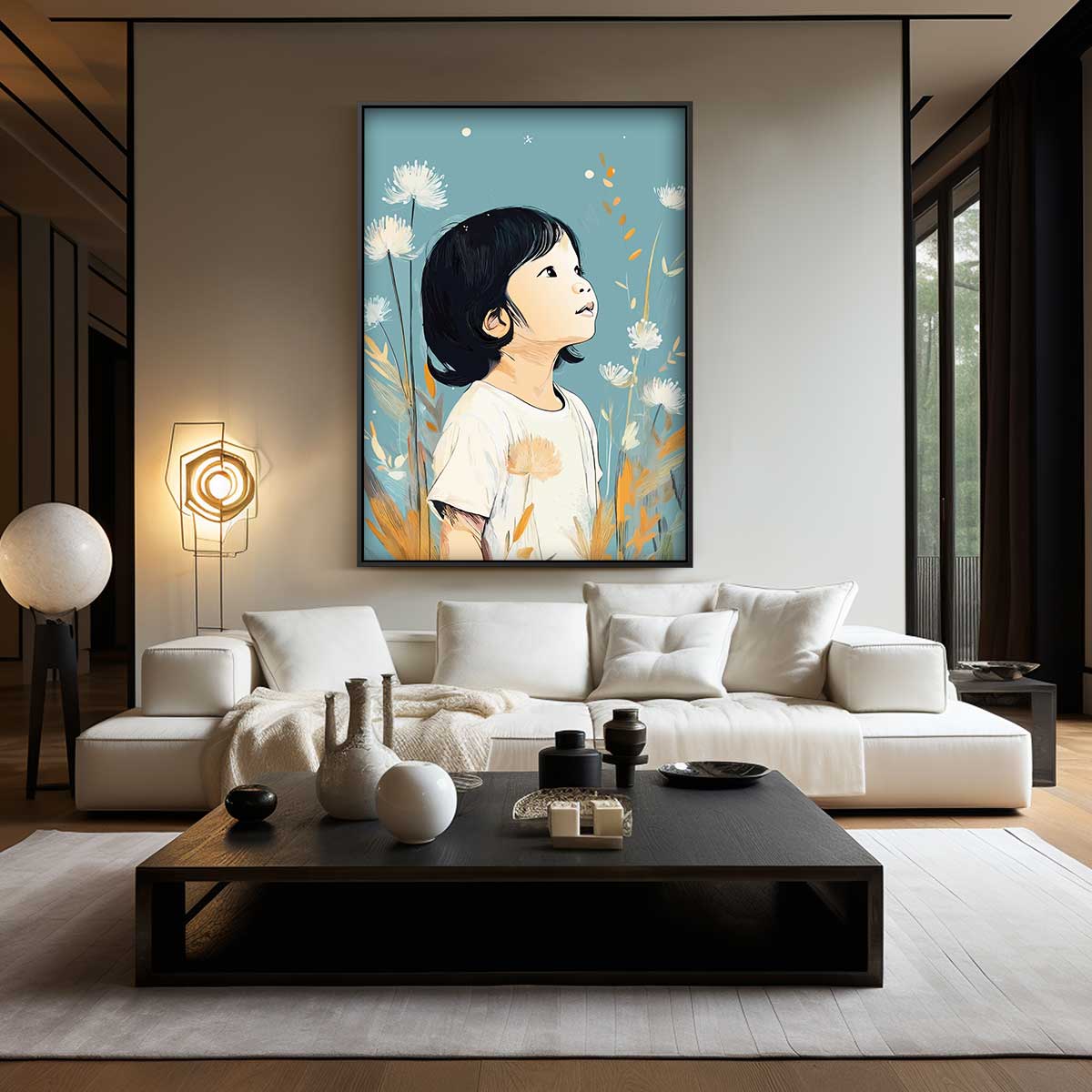 Dromerig Kind in Bloeiende Natuur Kunstwerk-canvas-dibond-plexiglas-wanddecoratie-WallArtistic