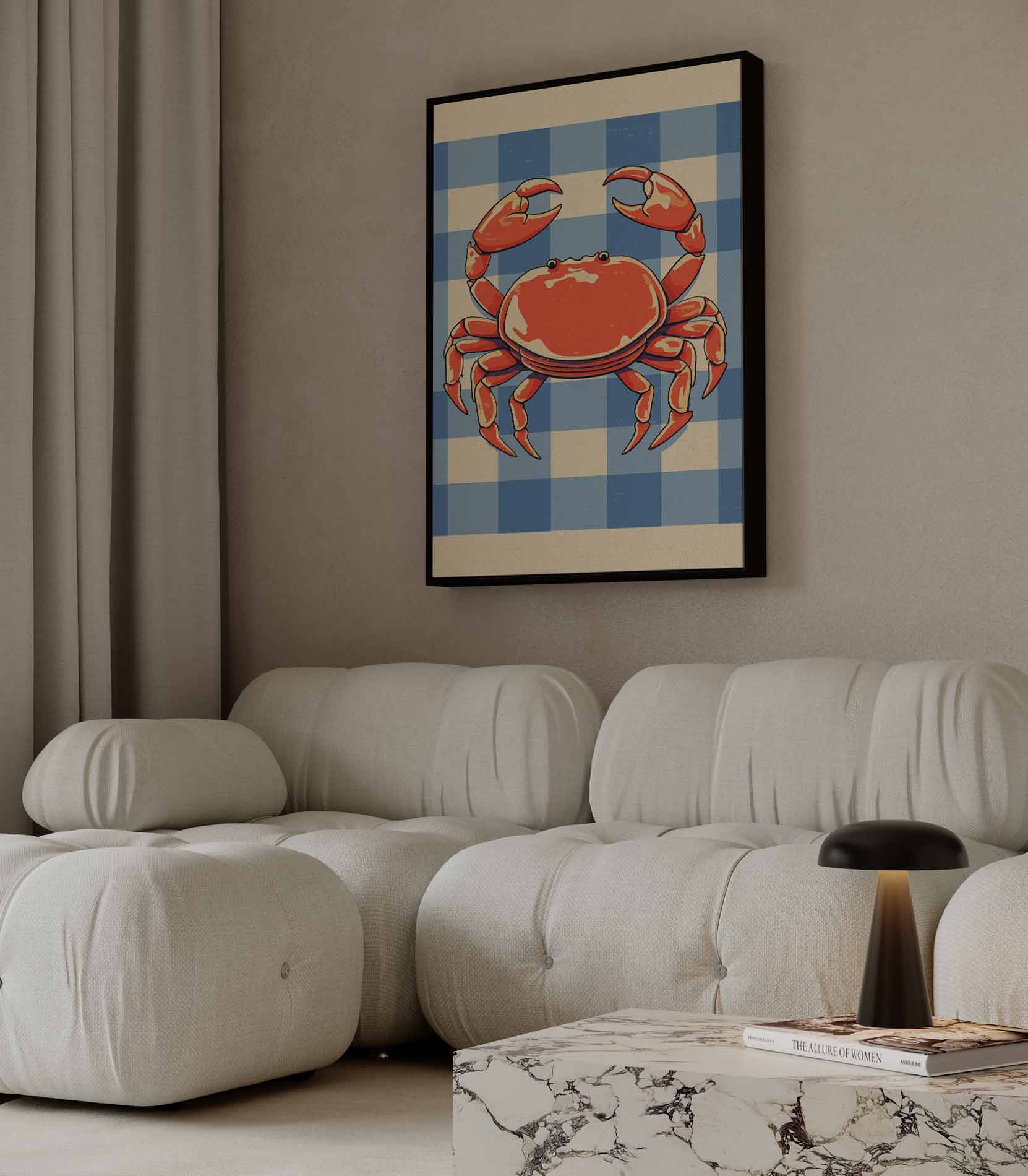 Vrolijke Krab op Blauw-Wit Patroon Kunstwerk-canvas-dibond-plexiglas-wanddecoratie-WallArtistic