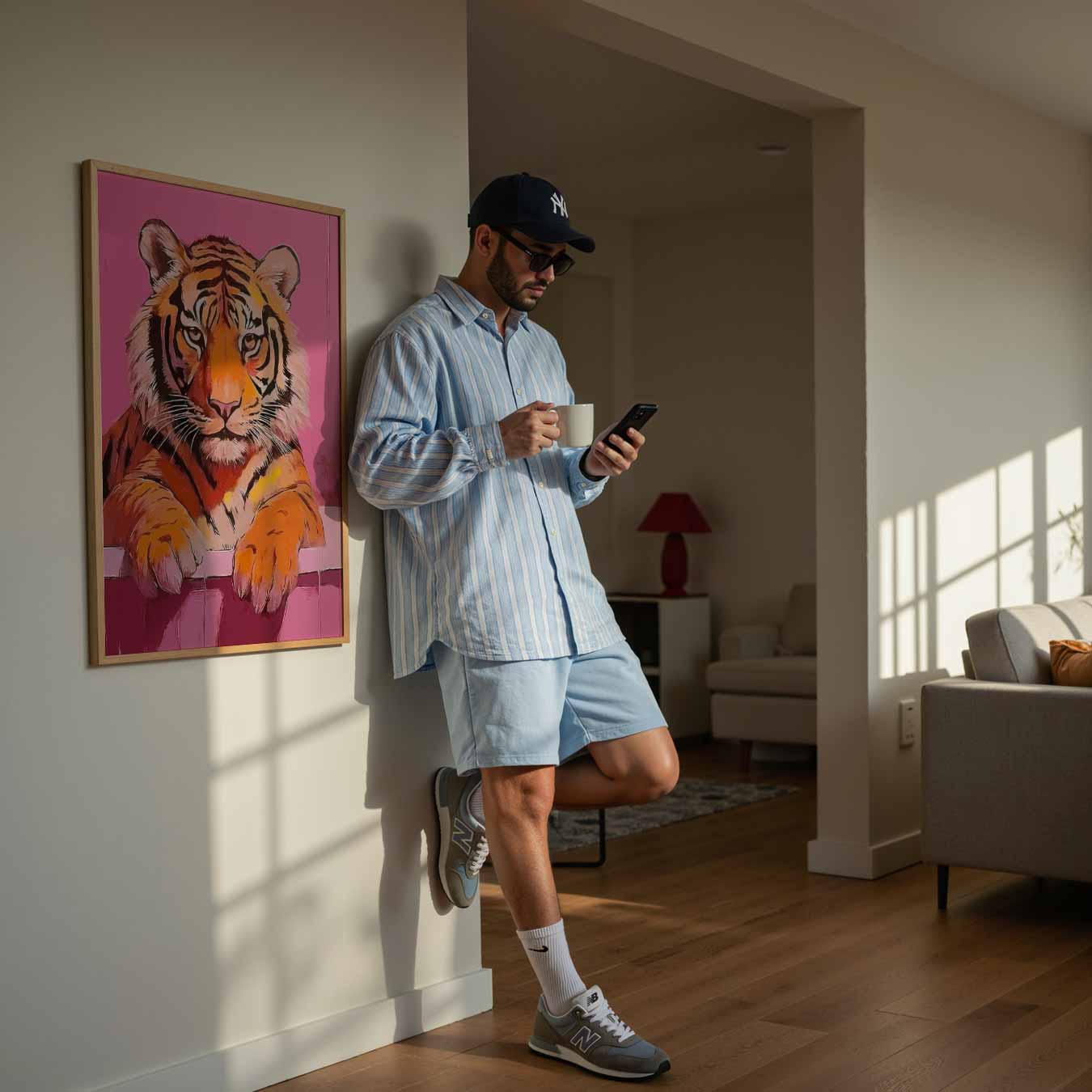Exotische Tijger in Stijlvolle Roze Badkamer Poster