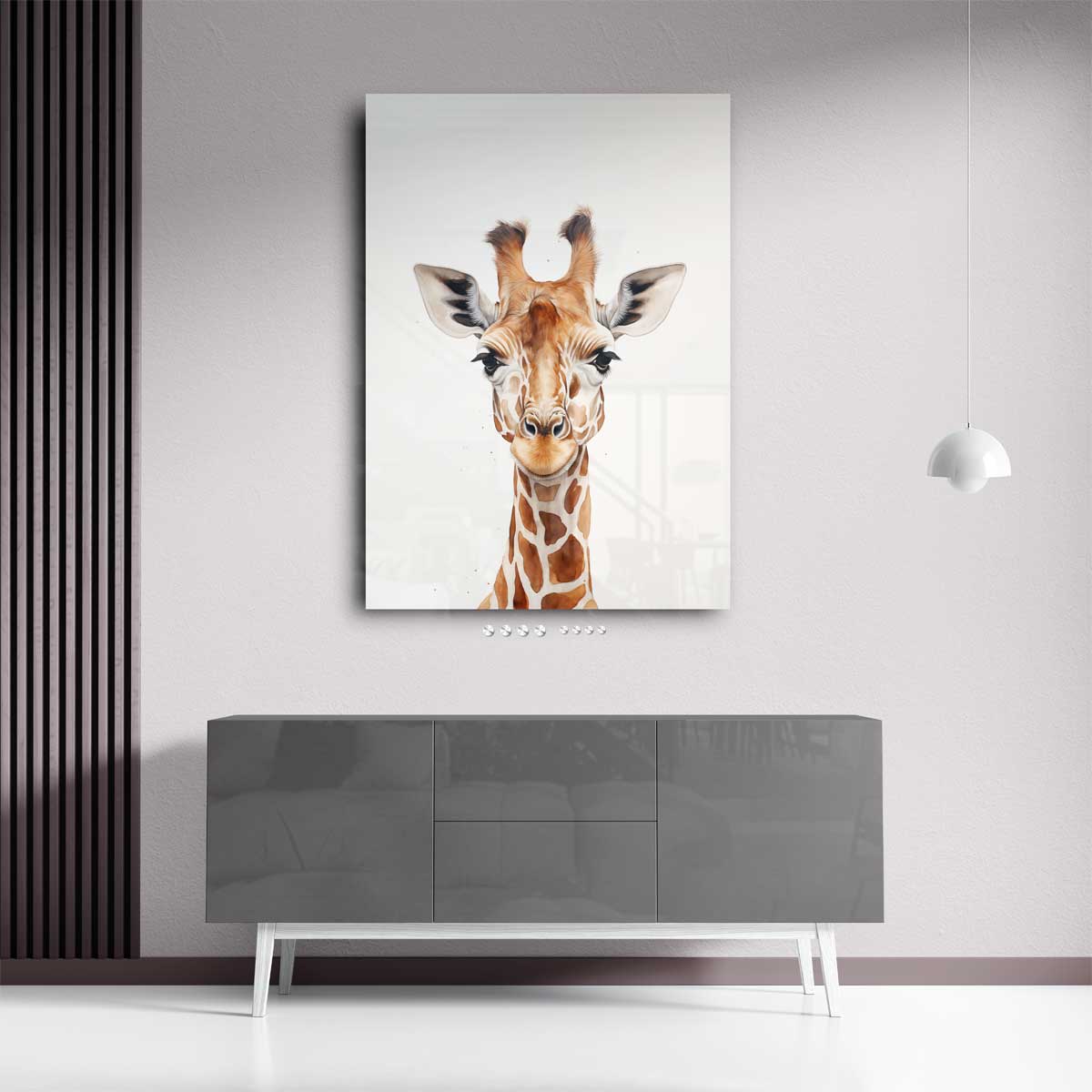 Vrolijke Giraffe Portret Kunstwerk-canvas-dibond-plexiglas-wanddecoratie-WallArtistic