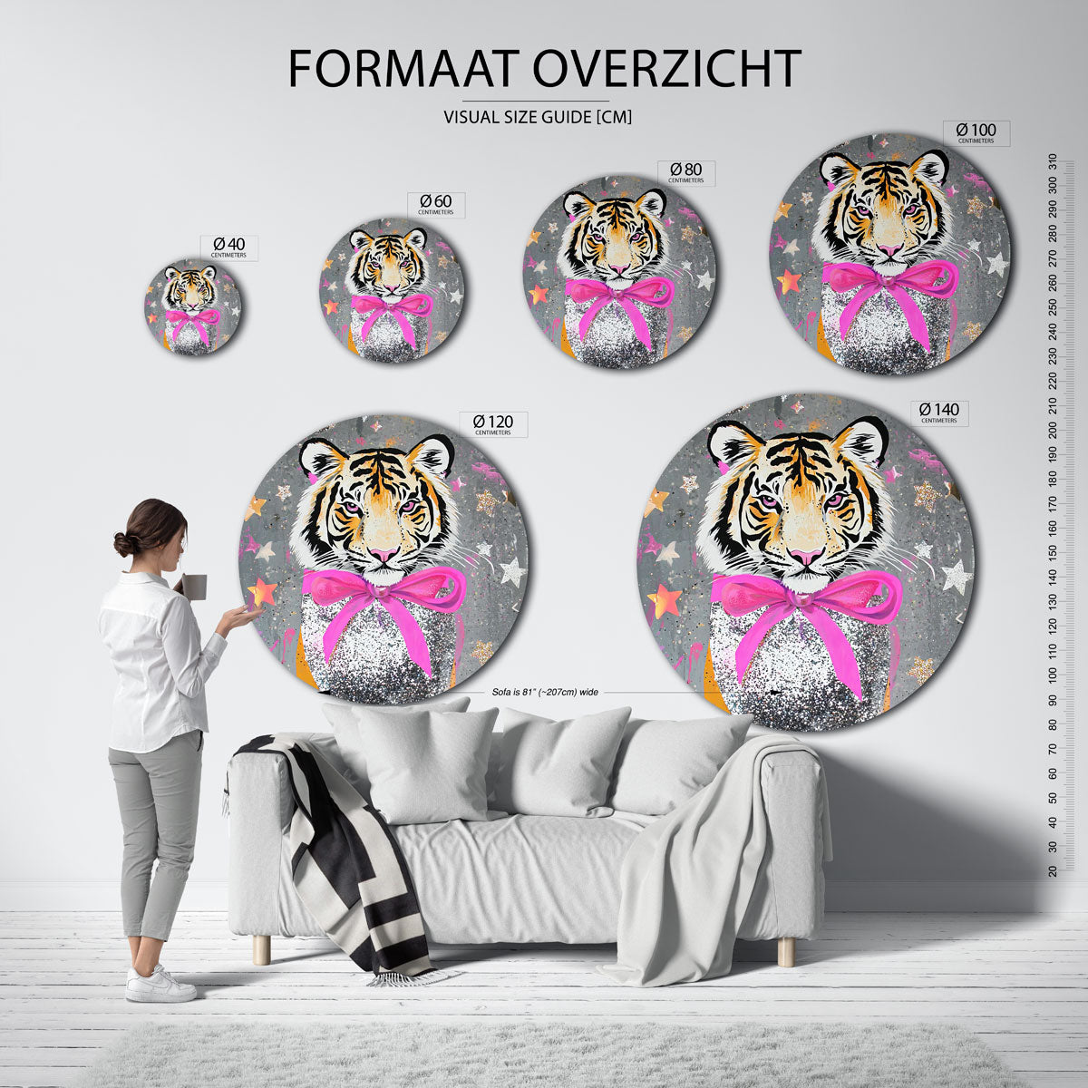 Tijger met roze strik Muurcirkel