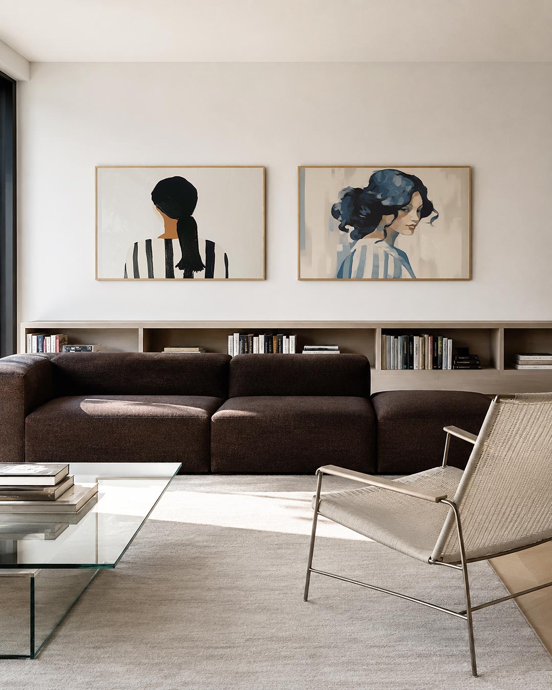 Interieurpresentatie van twee posters met een silhouet met een donkere haardos en een gestreept patroon