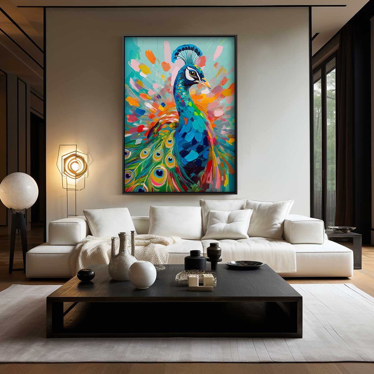 Kleurrijke Pauw Schilderij Kunstwerk-canvas-dibond-plexiglas-wanddecoratie-WallArtistic