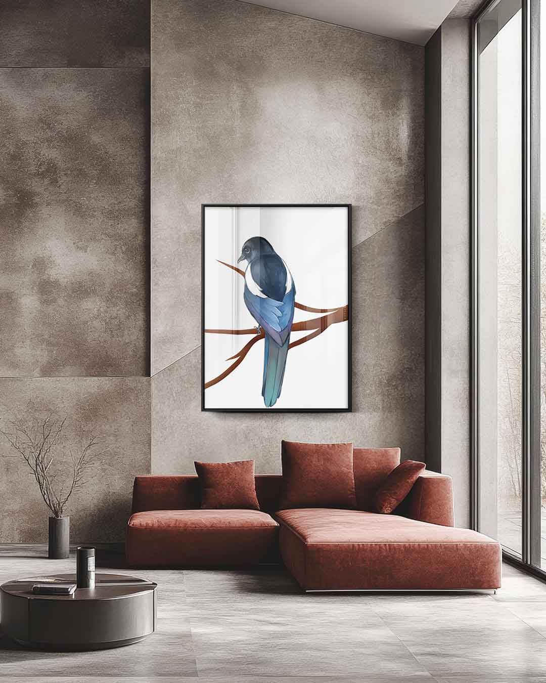 Kleurrijke Ekster op Tak Kunstwerk-canvas-dibond-plexiglas-wanddecoratie-WallArtistic