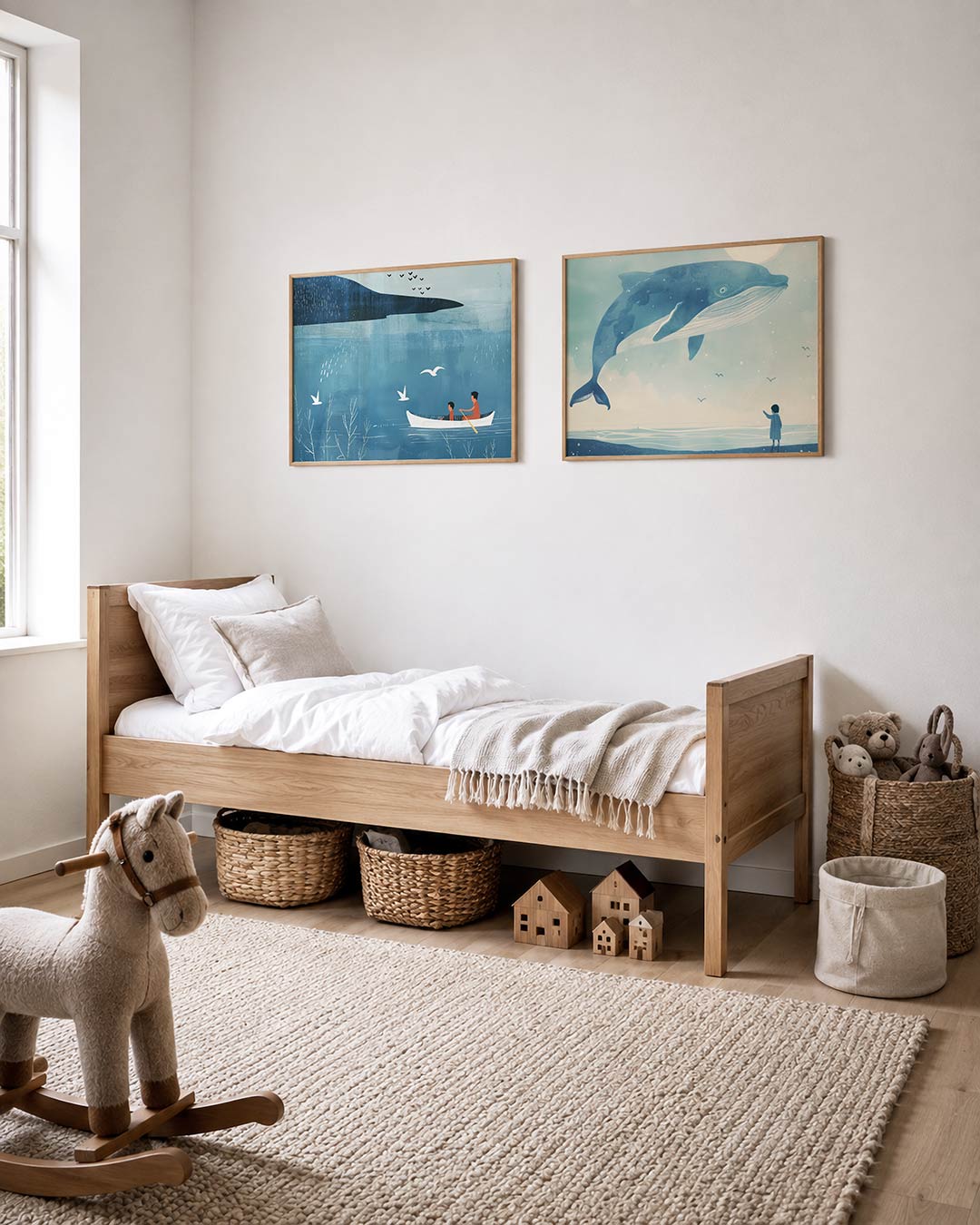 Tweedelige posterset met een serene scène met een kano op kalm water, getoond in een interieur