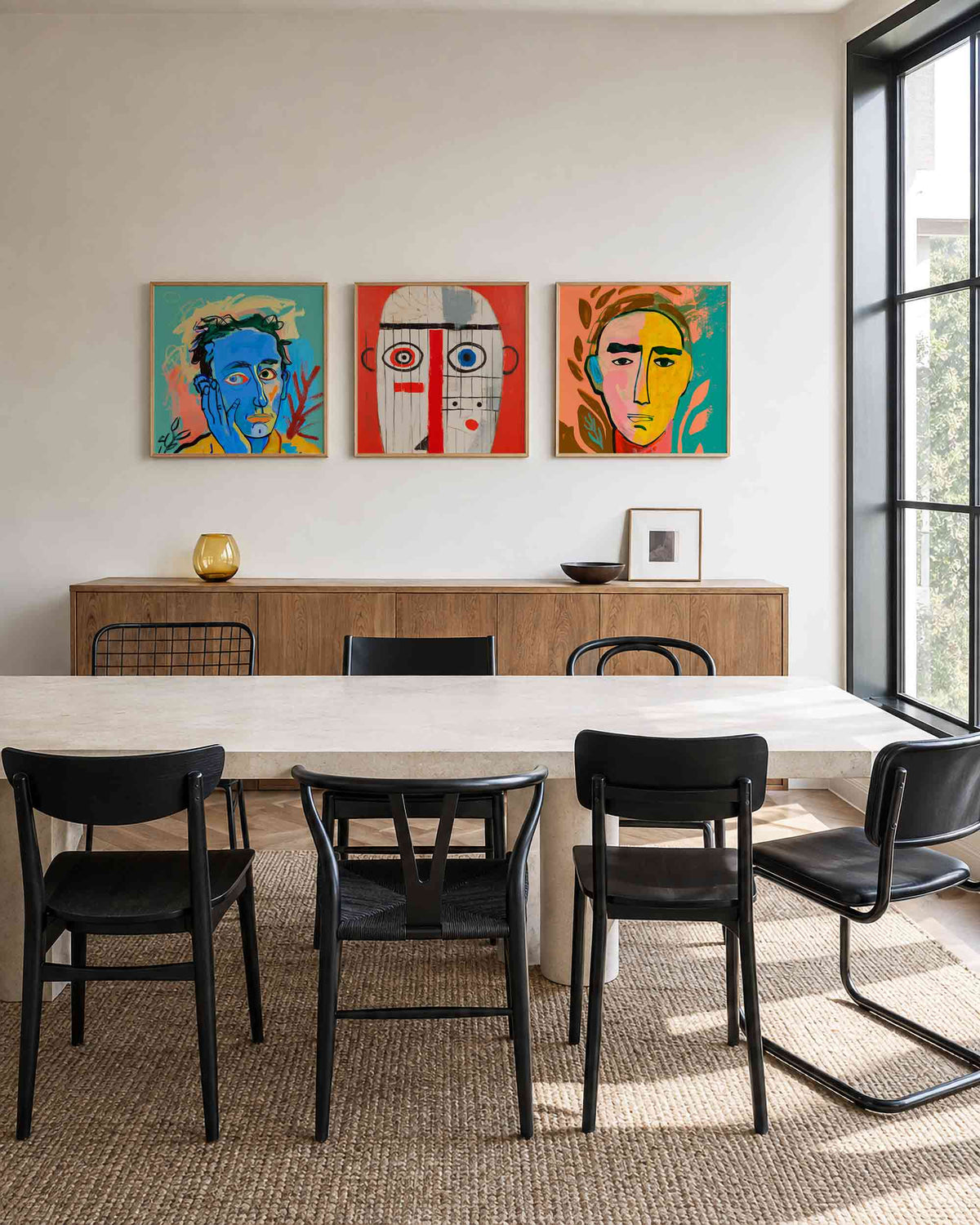 Interieurpresentatie van een driedelige vierkante posterset met abstracte gezichten
