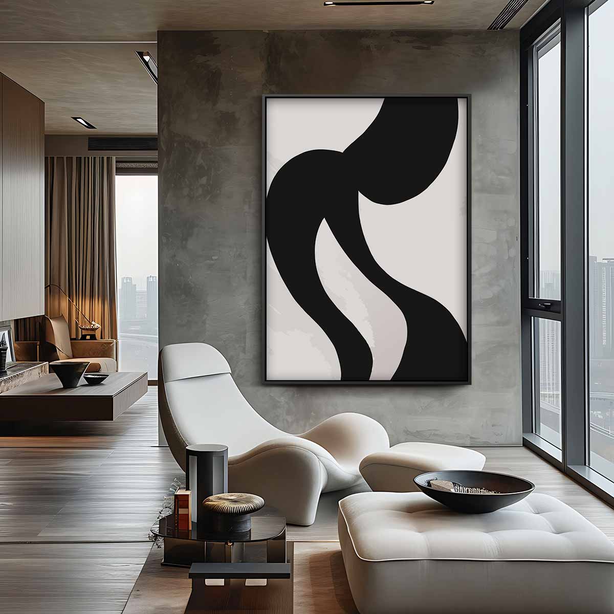 Speelse Zwarte S-Wave Kunstwerk-canvas-dibond-plexiglas-wanddecoratie-WallArtistic