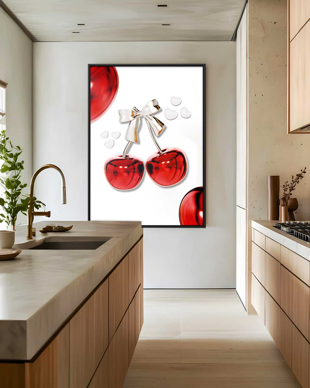 Glanzende Kersen met Strik Kunstwerk-canvas-dibond-plexiglas-wanddecoratie-WallArtistic