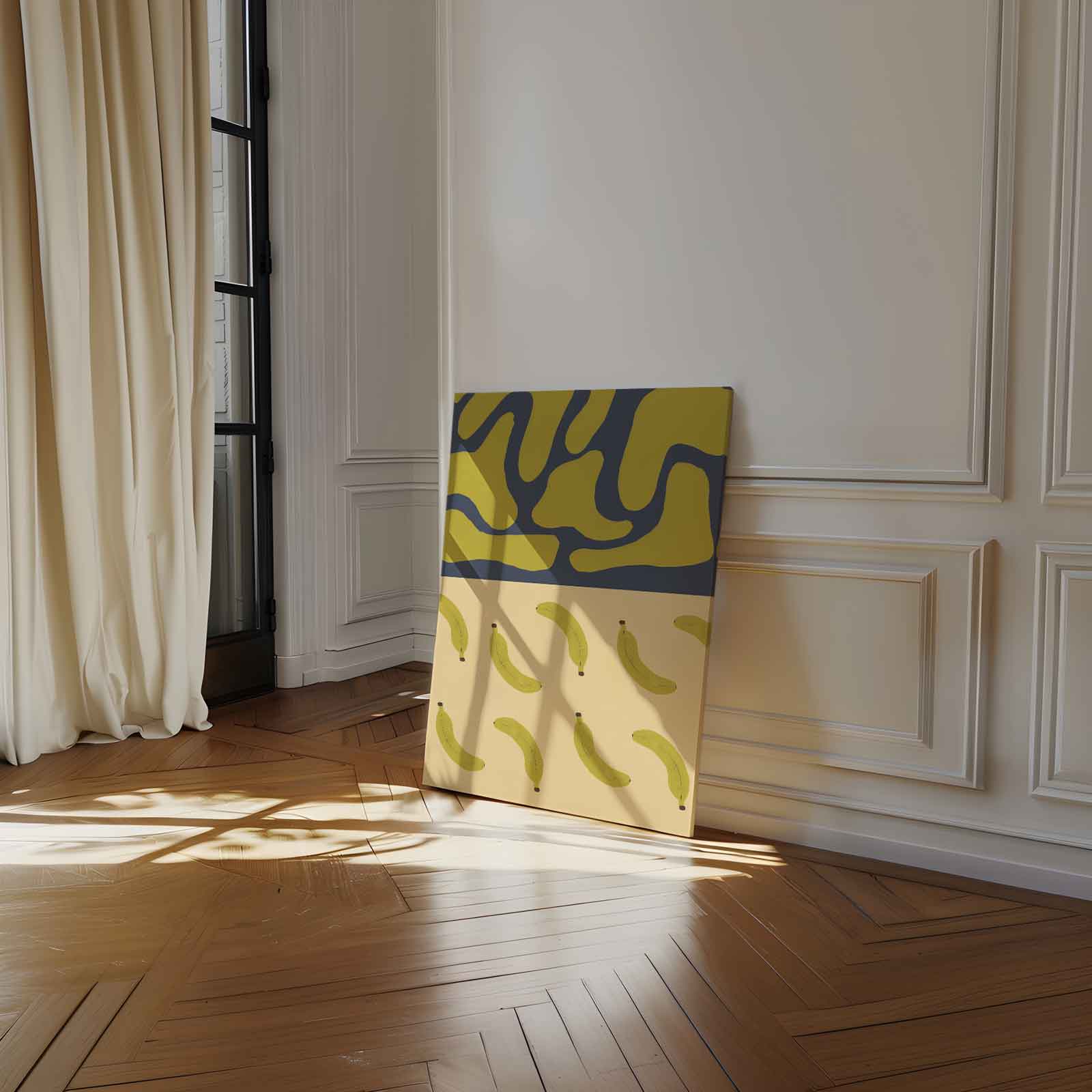 Bananenpatroon op Abstracte Blauwe Achtergrond Kunstwerk-canvas-dibond-plexiglas-wanddecoratie-WallArtistic