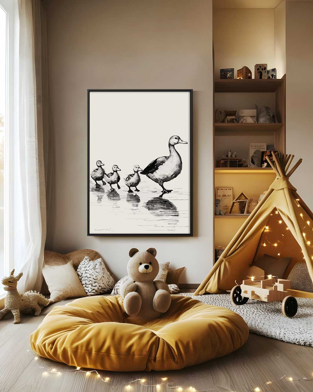 Moeder Eend en Kuikens Wandeling Kunstwerk-canvas-dibond-plexiglas-wanddecoratie-WallArtistic