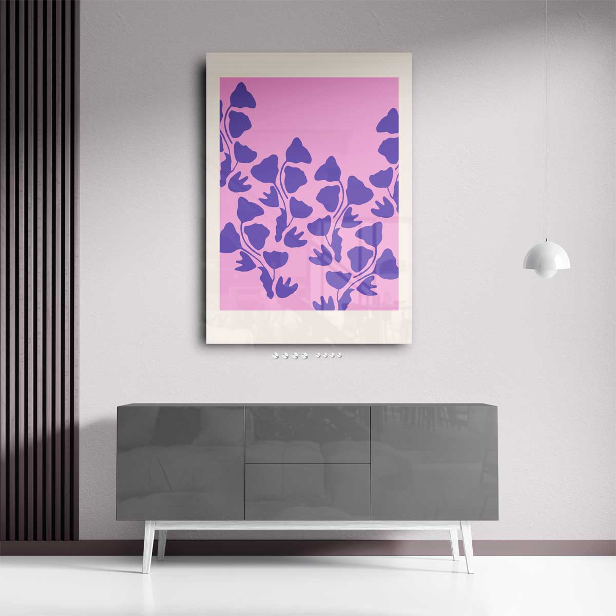 Vrolijke Paarse Bloemen op Roze Kunstwerk-canvas-dibond-plexiglas-wanddecoratie-WallArtistic