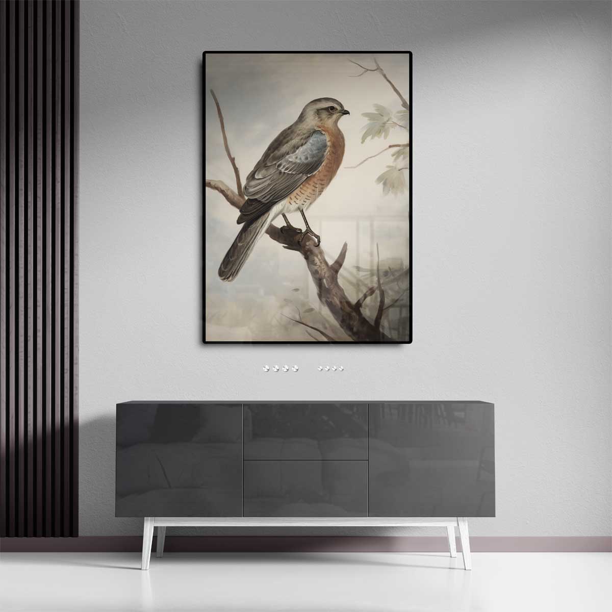 Vogelschilderij op tak Kunstwerk-canvas-dibond-plexiglas-wanddecoratie-WallArtistic