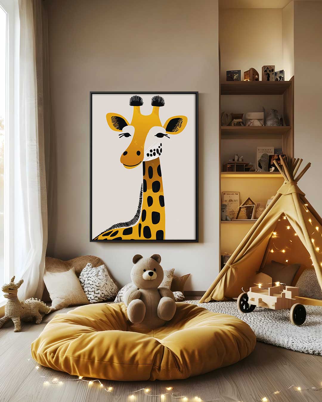 Speelse Giraffe Illustratie Kunstwerk-canvas-dibond-plexiglas-wanddecoratie-WallArtistic
