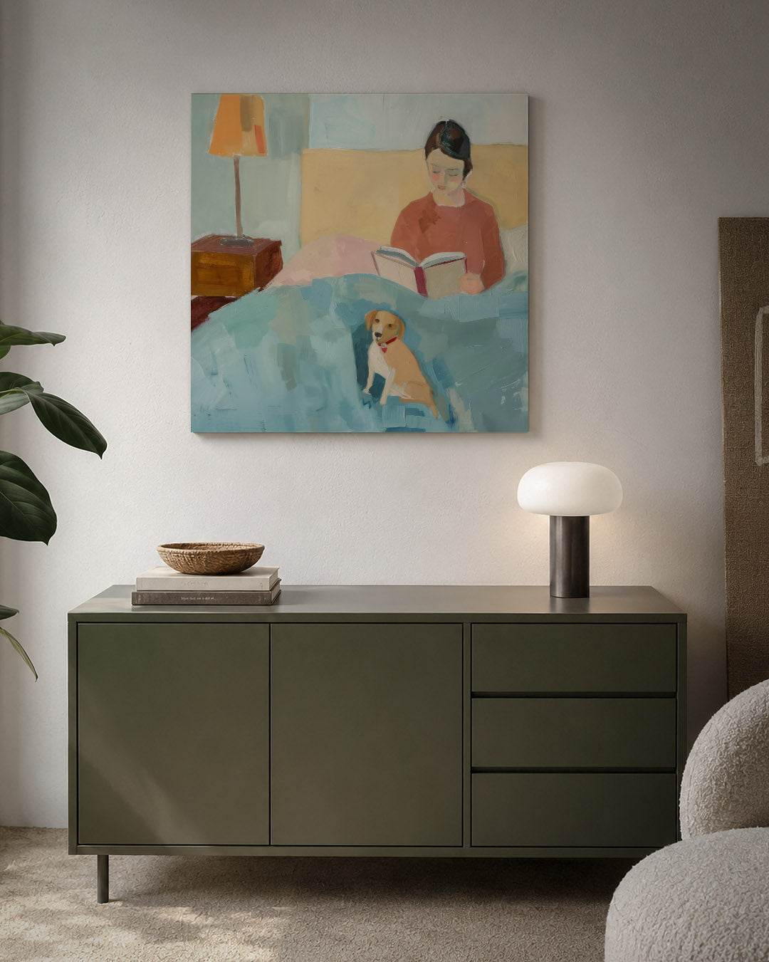 Lezende vrouw met hond Kunstwerk