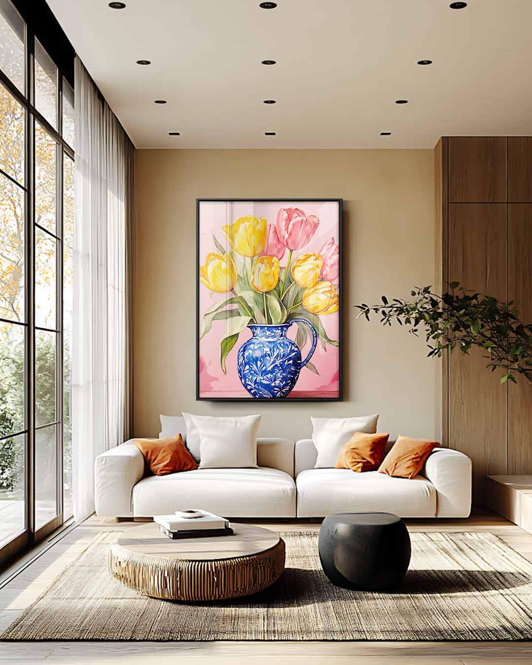 Bont Tulpenboeket in Blauwe Vaas Kunstwerk-canvas-dibond-plexiglas-wanddecoratie-WallArtistic