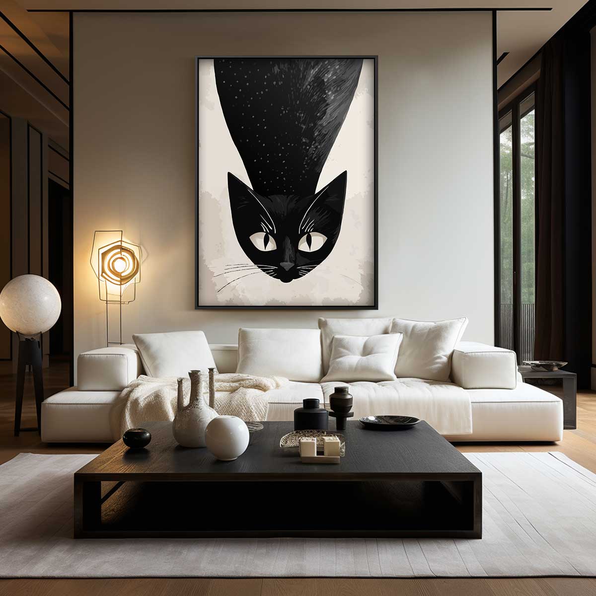 Mystieke Kat in Zwart-Wit Kunstwerk-canvas-dibond-plexiglas-wanddecoratie-WallArtistic
