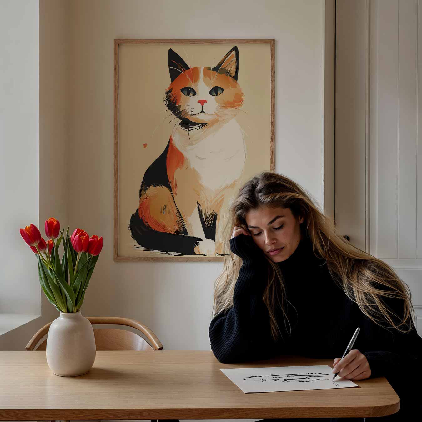 Schattige Calico Kat aan de Muur Poster