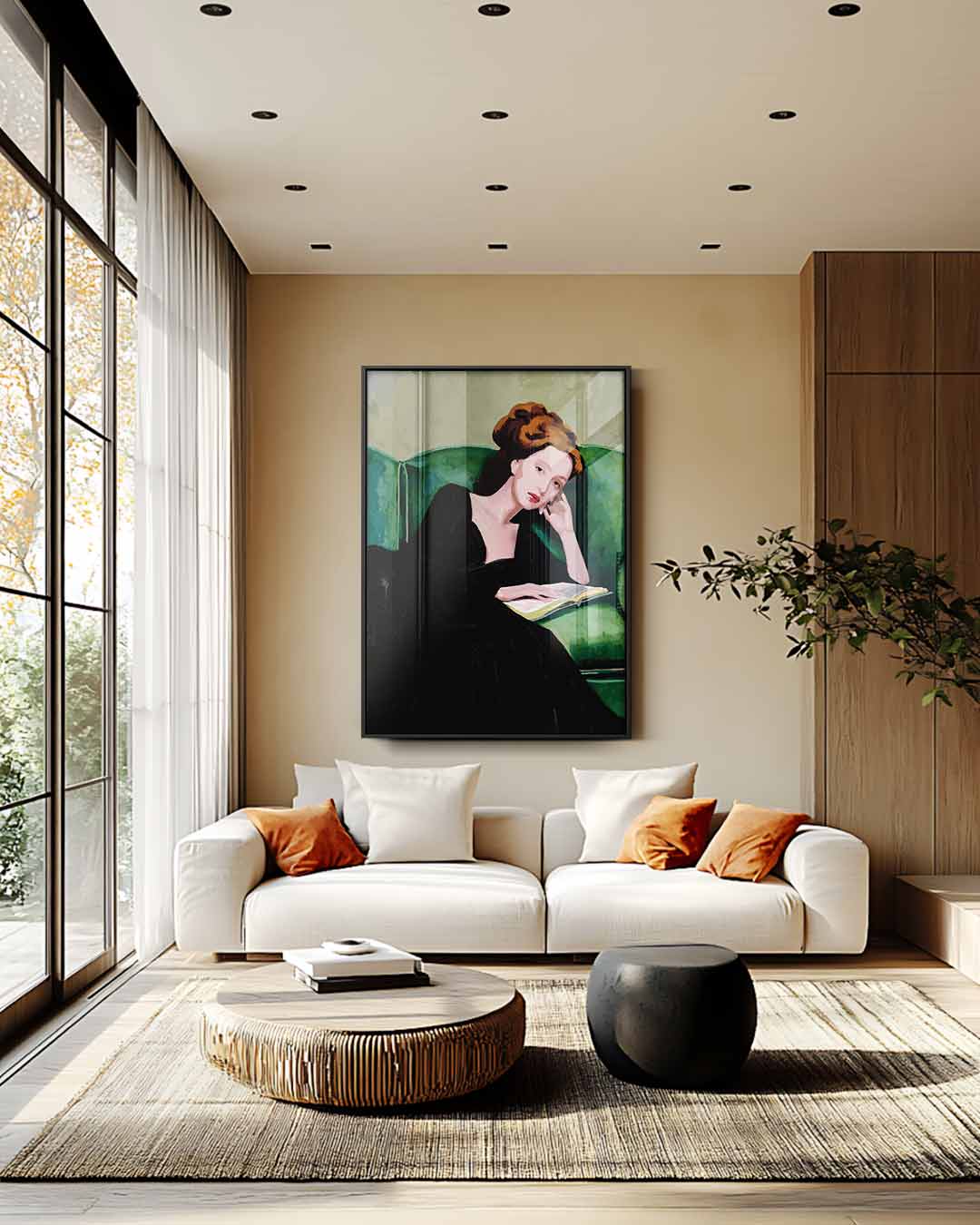 Dromerige Lezeres op Groene Bank Kunstwerk-canvas-dibond-plexiglas-wanddecoratie-WallArtistic