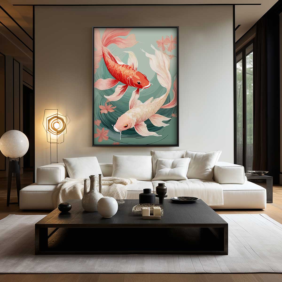 Koi Vissen in Stroom Kunstwerk-canvas-dibond-plexiglas-wanddecoratie-WallArtistic