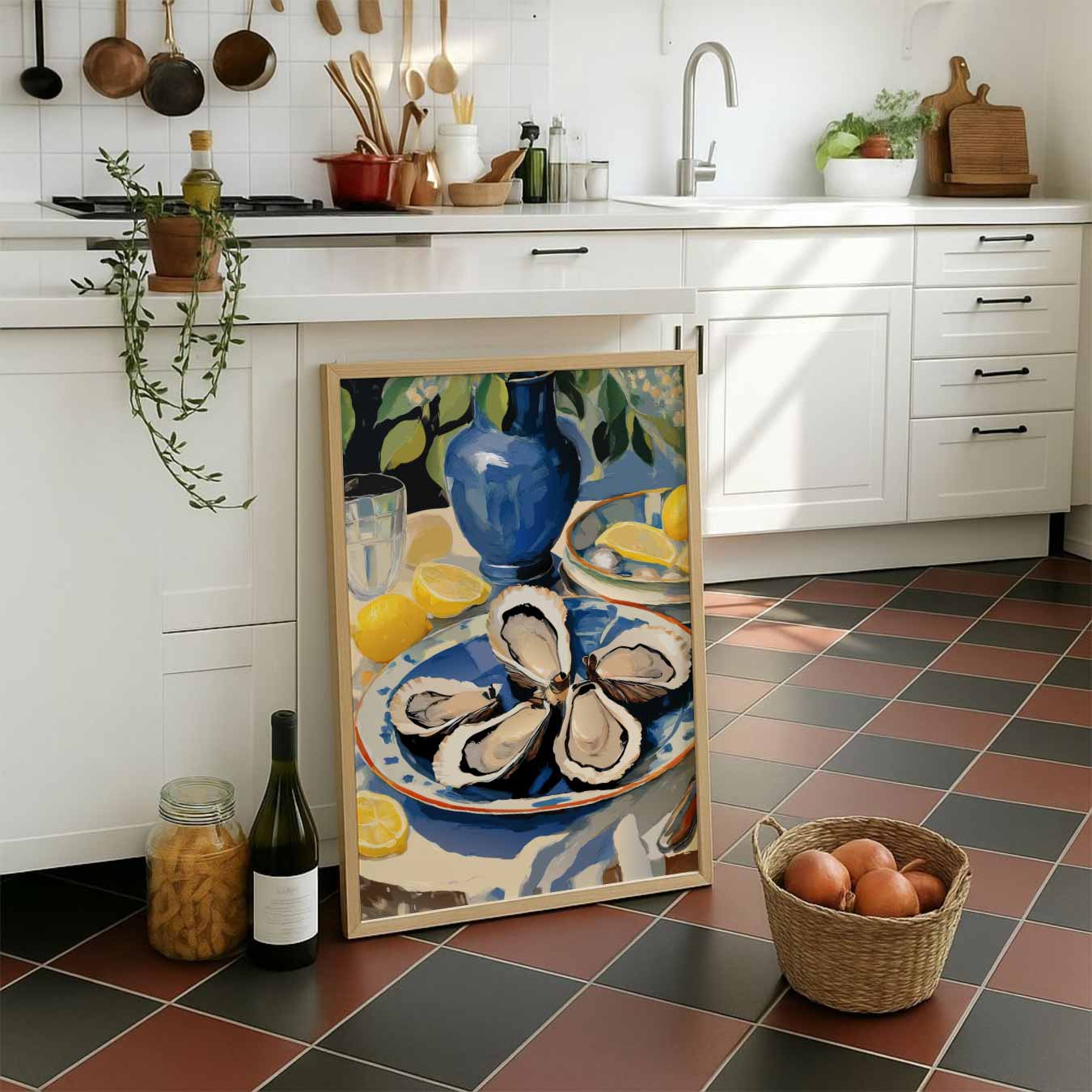Fris Blauw Stilleven met Citroenen en Oesters Poster