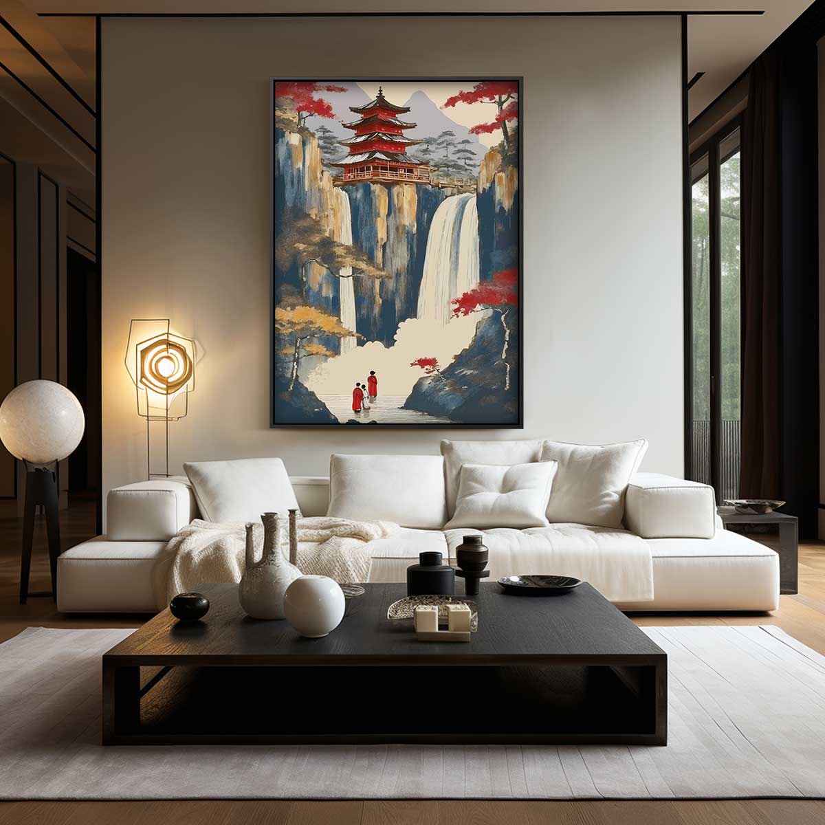 Mystieke Watervallen en Tempel Kunstwerk-canvas-dibond-plexiglas-wanddecoratie-WallArtistic