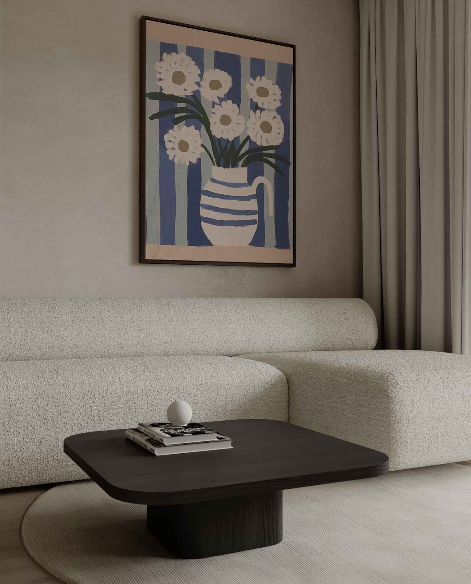 Bloemen in Blauwe Strepen Kunstwerk-canvas-dibond-plexiglas-wanddecoratie-WallArtistic