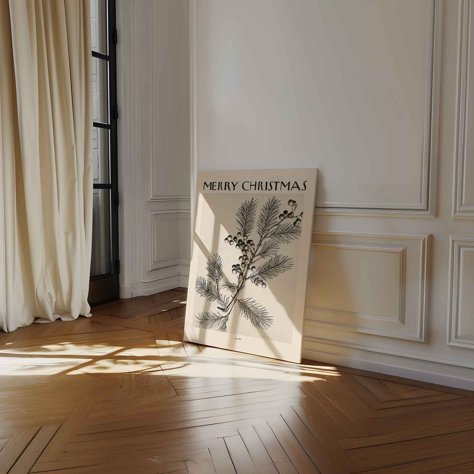 Vintage Kerstkaart met Dennen en Bessen Kunstwerk-canvas-dibond-plexiglas-wanddecoratie-WallArtistic