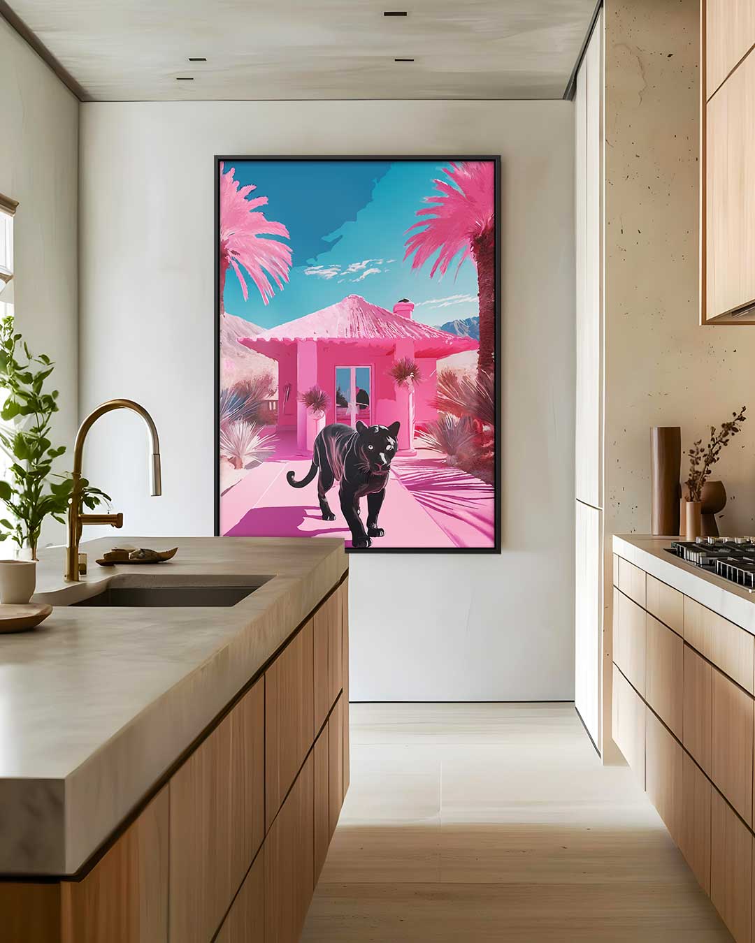 Panther in een Roze Paradijs Kunstwerk-canvas-dibond-plexiglas-wanddecoratie-WallArtistic