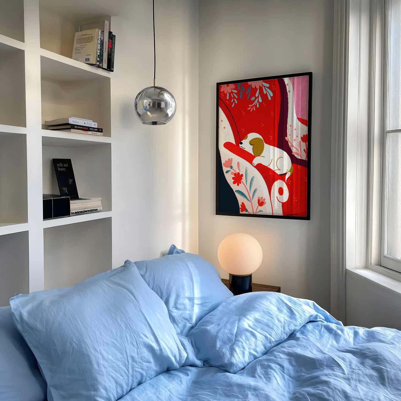 Schattige Puppy op Rode Fauteuil Poster-WallArtistic