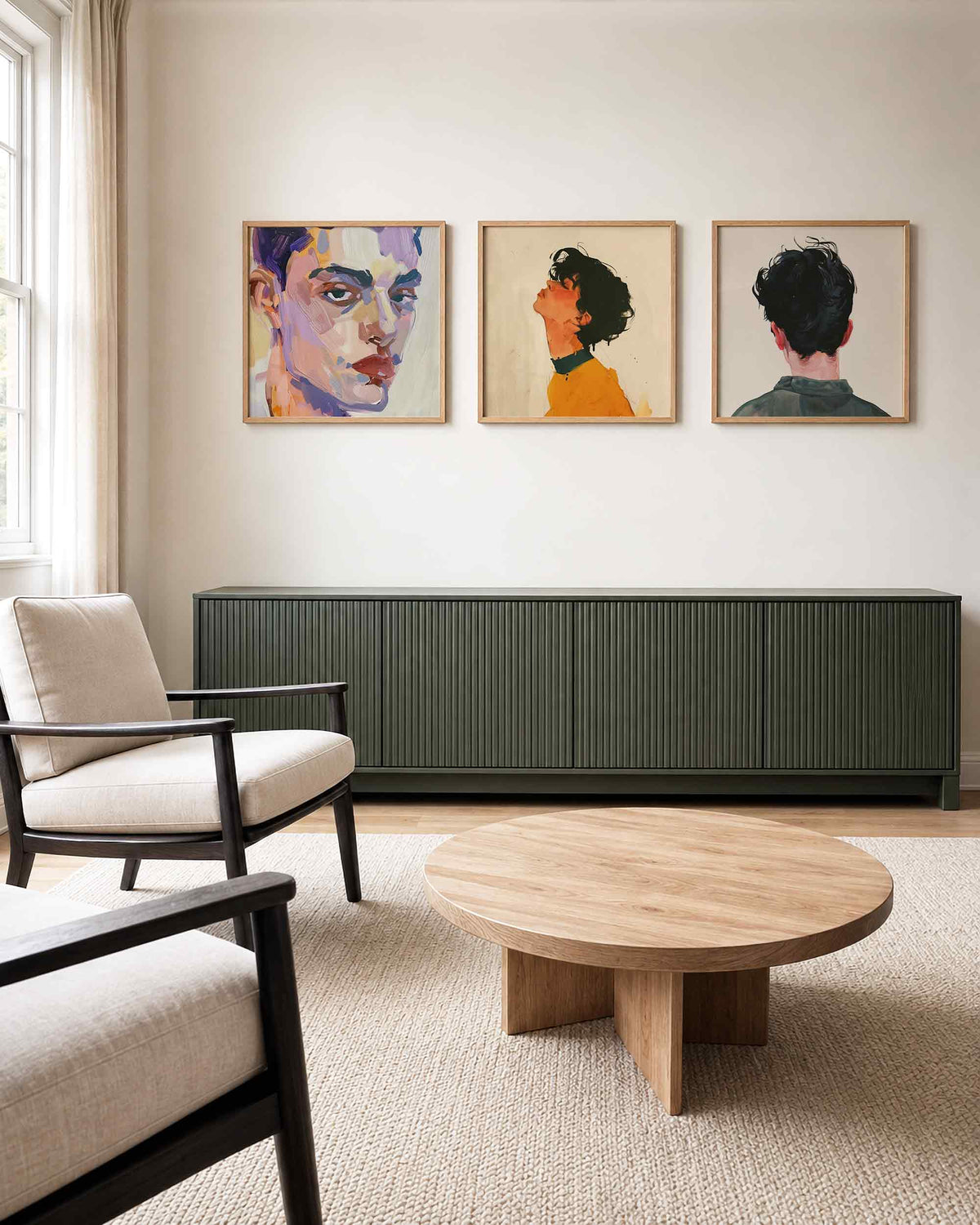 Interieurpresentatie van een driedelige vierkante posterset met portretten in kleur