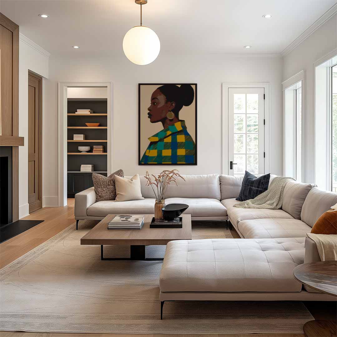 Vrouw in Vrolijk Patroon Kunstwerk-canvas-dibond-plexiglas-wanddecoratie-WallArtistic