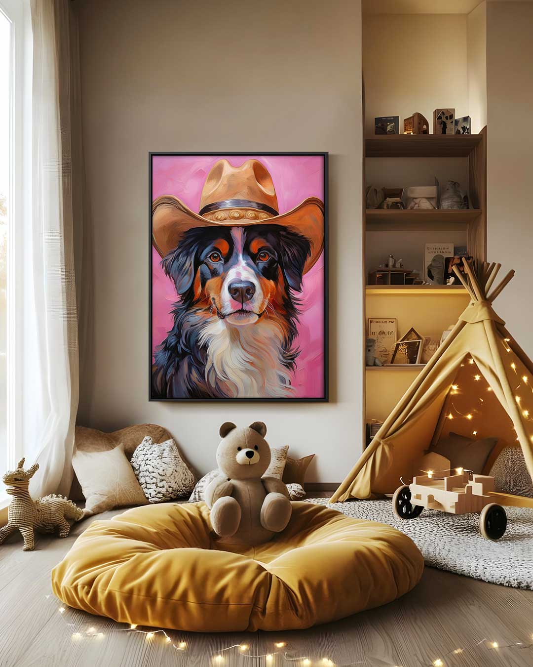 Stoere Hond met Cowboyhoed Kunstwerk-canvas-dibond-plexiglas-wanddecoratie-WallArtistic