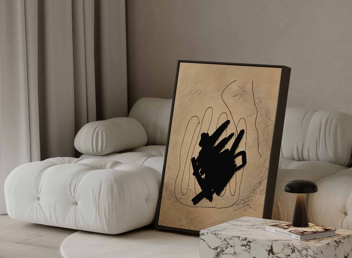 Abstracte Expressie in Zwart en Beige Kunstwerk-canvas-dibond-plexiglas-wanddecoratie-WallArtistic