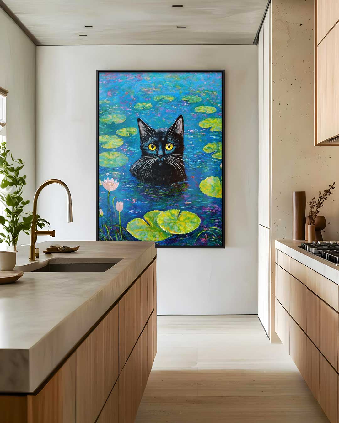 Kat in de Waterlelies Kunstwerk-canvas-dibond-plexiglas-wanddecoratie-WallArtistic