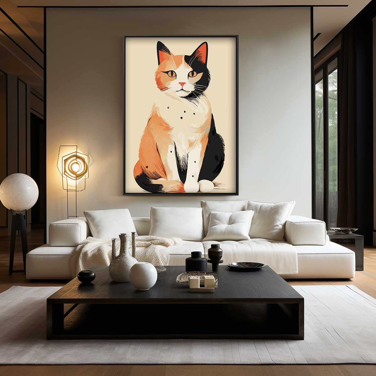 Schattige Driekleurige Kattenillustratie Kunstwerk-canvas-dibond-plexiglas-wanddecoratie-WallArtistic