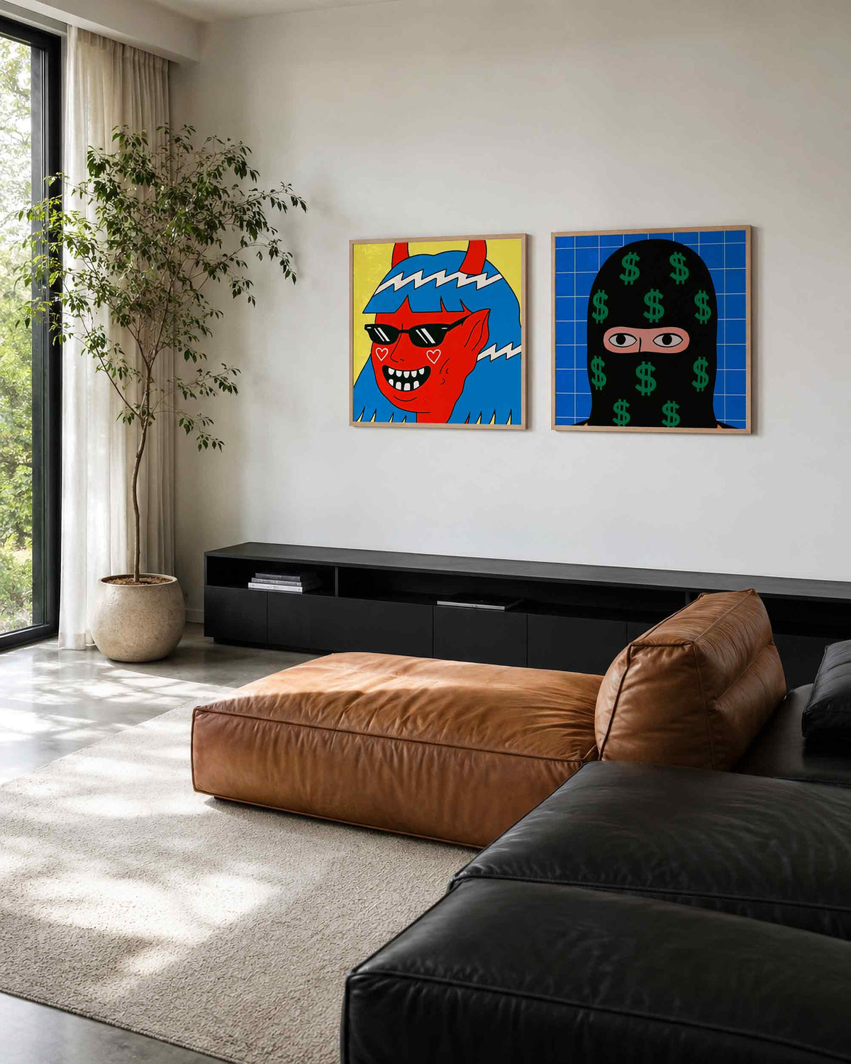 Interieurpresentatie van een tweedelige vierkante posterset met duivel en geldboef